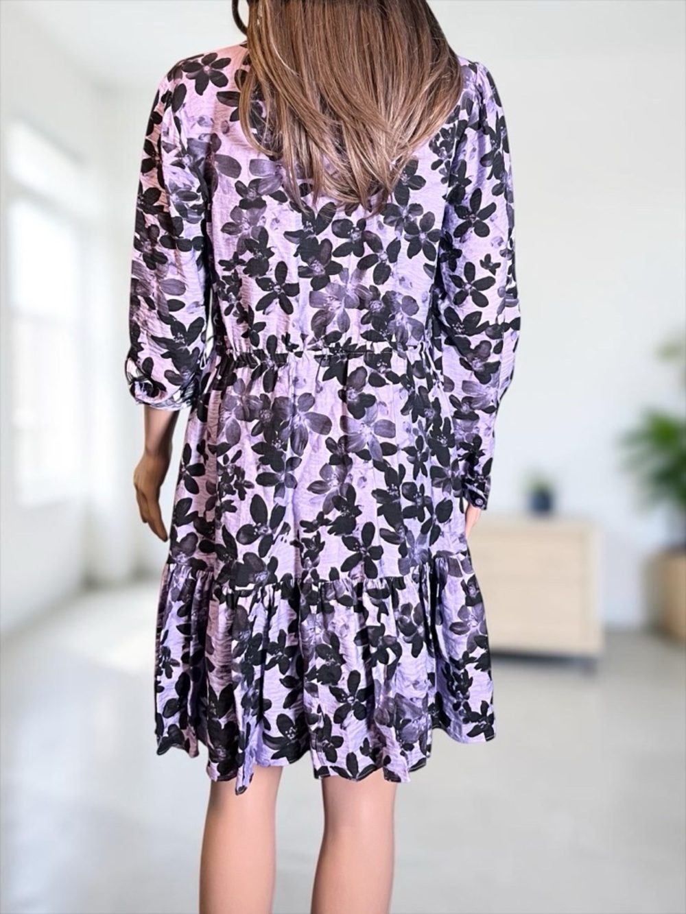Simply Vera Vera Wang Purple Floral Shirt Dress S Collared Elastic Waist - Picture 7 of 7